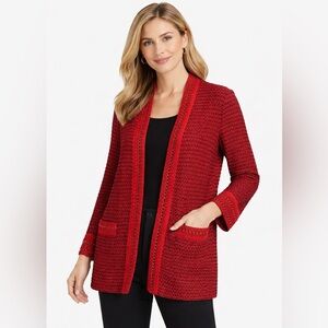 Misook Red & Black Knit Cardigan Jacket | Size 0X | Open Front Career Sweater